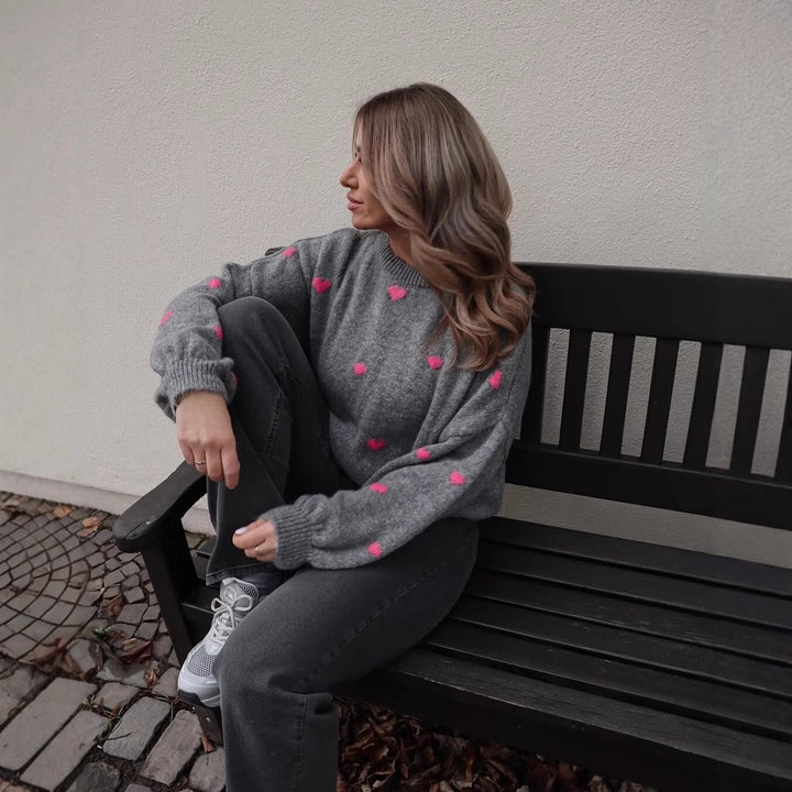 Women oversized knit sweater with heart intarsias and balloon sleeves Mune Fashion