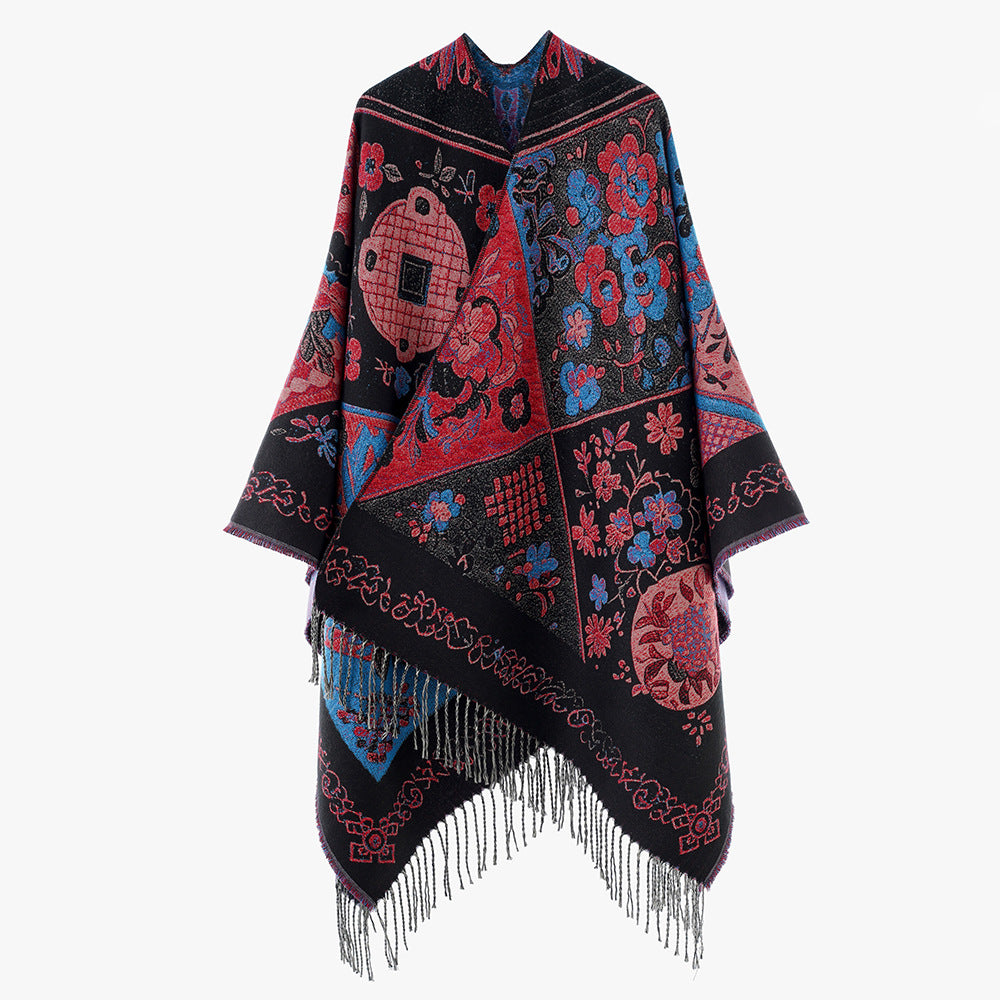 Women Jacquard Wool Blend Poncho with Patchwork Flower Pattern and Fringed Hem Mune Fashion