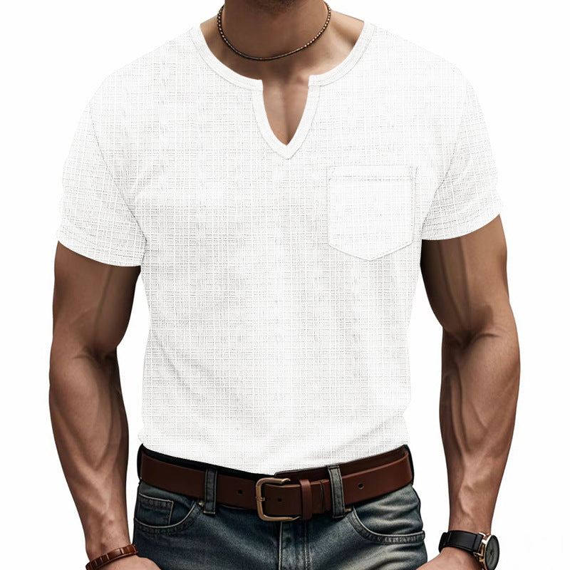 Men's short-sleeve shirt with V-slit neckline and patch chest pocket made of textured jersey Mune Fashion