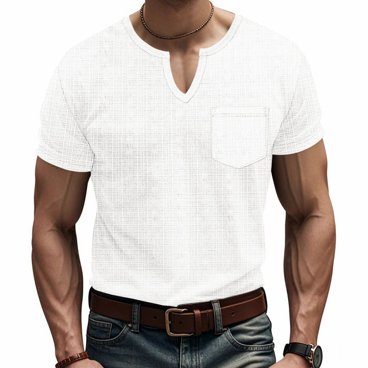 Men's short-sleeve shirt with V-slit neckline and patch chest pocket made of textured jersey Mune Fashion