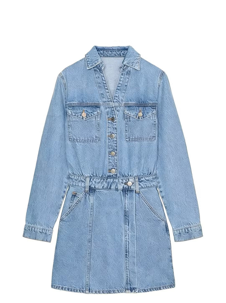 Women's Tailored Jeans Mini Dress with Shirt Collar, Patch Chest Pockets and Decorative Button Placket Mune Fashion