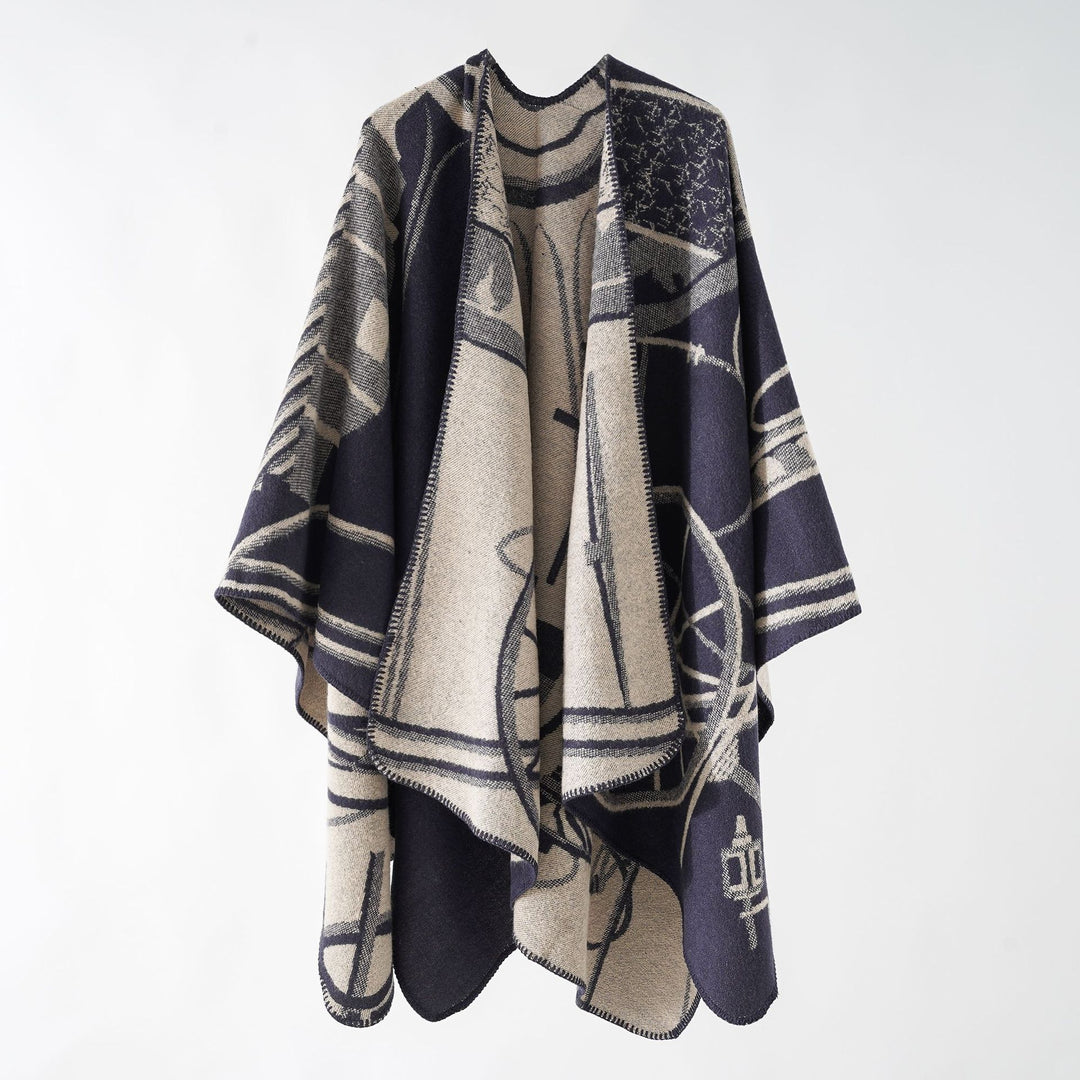 Women Wool Blend Reversible Cape with Graphic Jacquard and Open Kimono Fall Mune Fashion