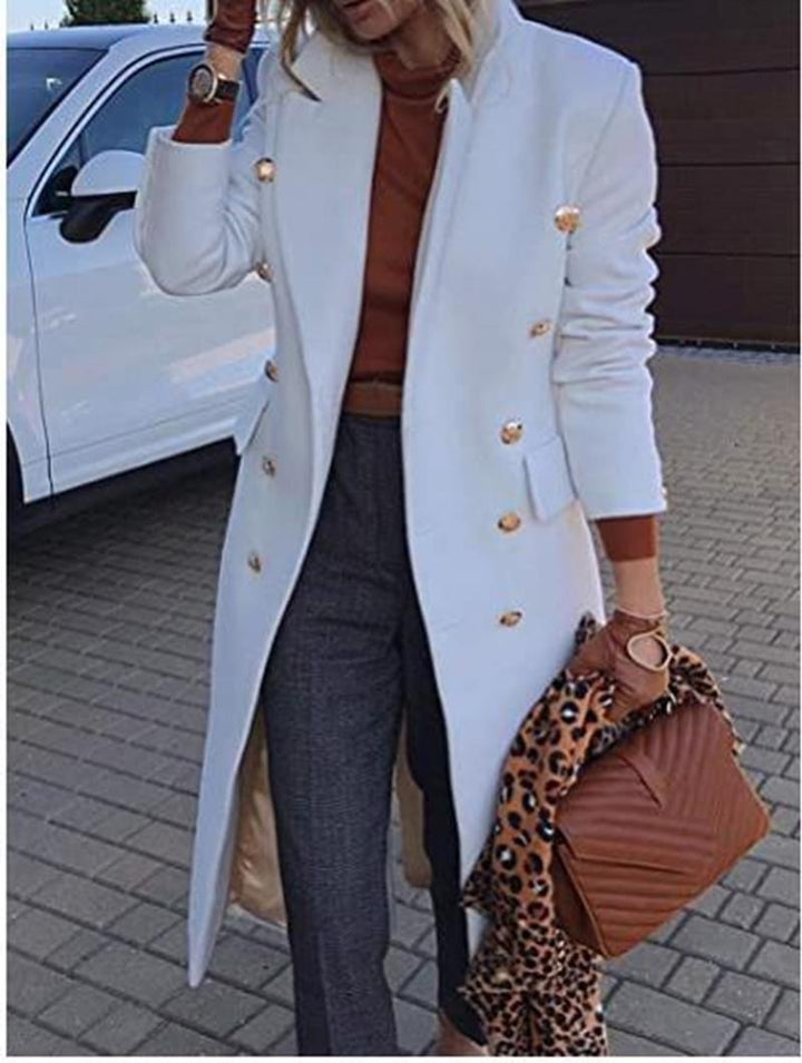 Women's fitted double-breasted wool blend coat with decorative jewel buttons and long silhouette Mune Fashion