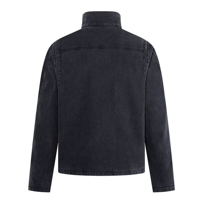 Men's asymmetrical denim jacket with stand-up collar and double-breasted snap closure Mune Fashion