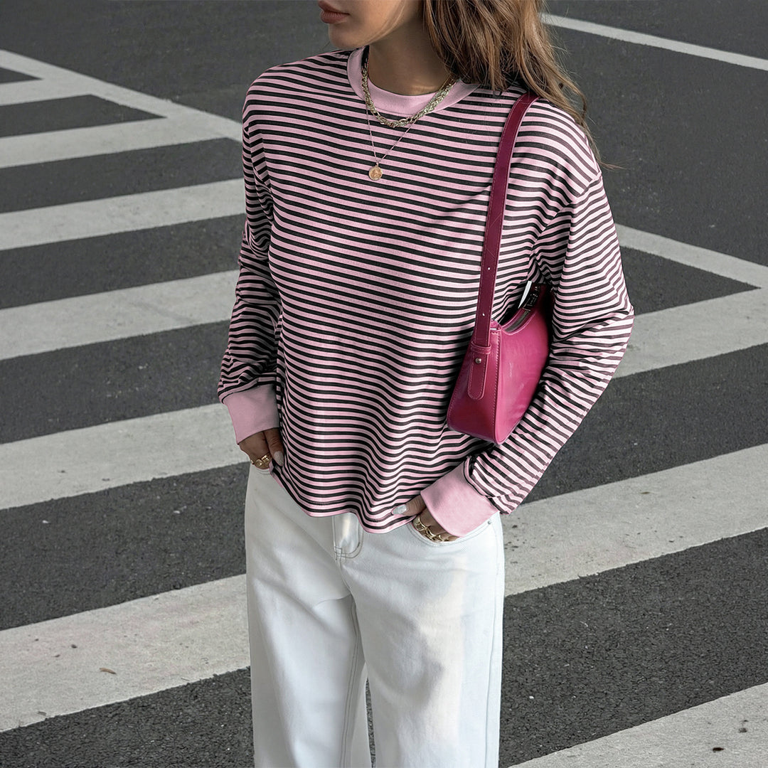 Women's casual striped oversized long sleeve with contrasting round neckline and extended back hem Mune Fashion