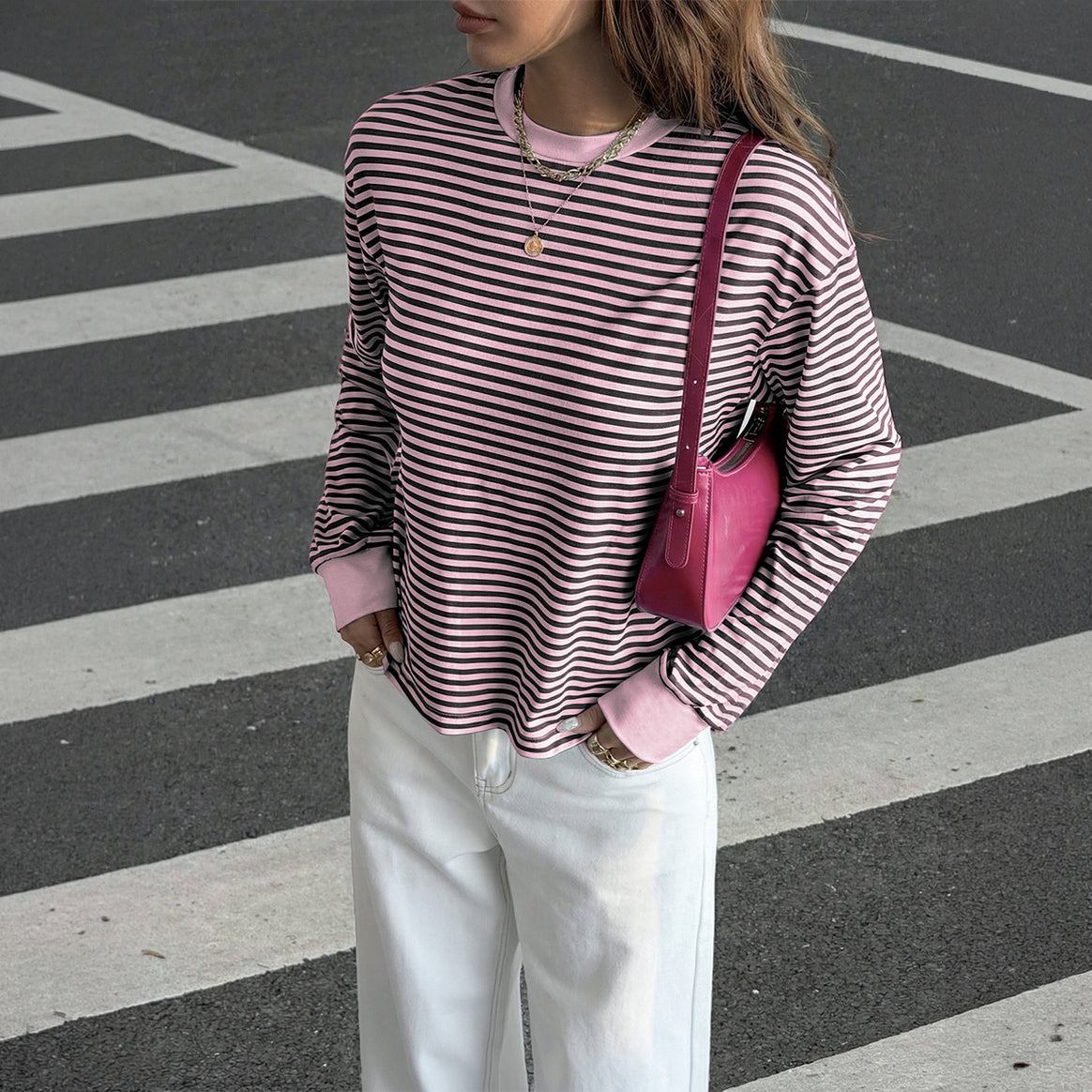 Women's casual striped oversized long sleeve with contrasting round neckline and extended back hem Mune Fashion