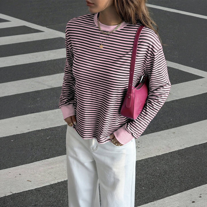 Women's casual striped oversized long sleeve with contrasting round neckline and extended back hem Mune Fashion
