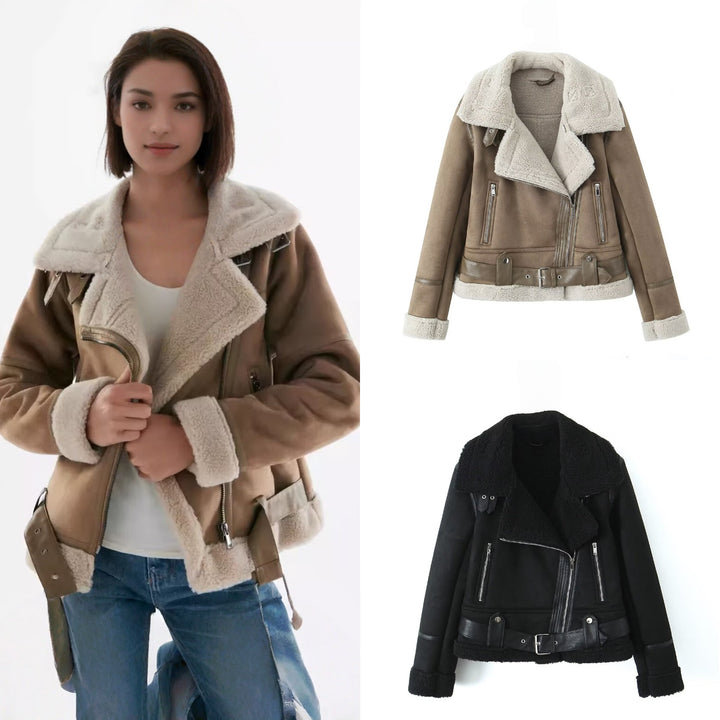 Women's Short Cut Lambskin Imitation Biker Jacket with Asymmetric Zipper, Belt and Teddy Lining Mune Fashion