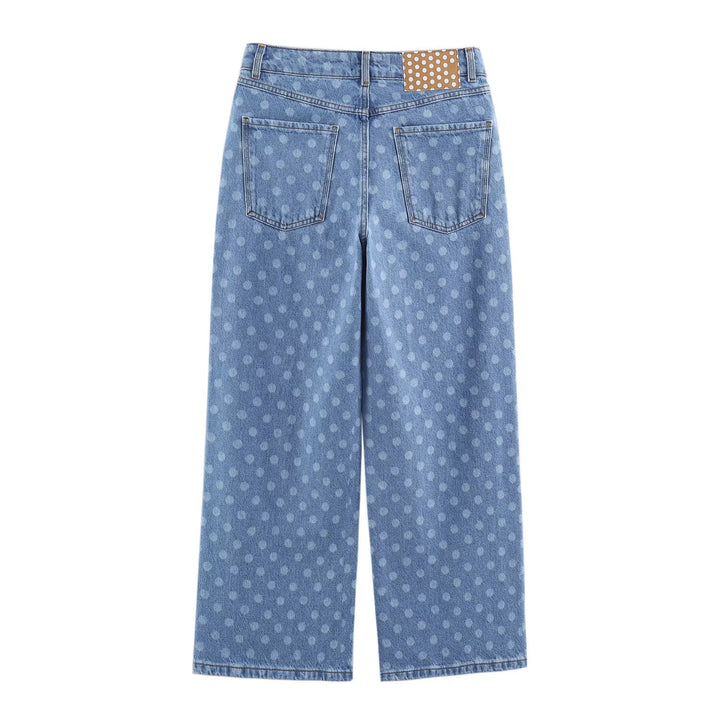Women's Wide Cropped Jeans with High Waist and Polka Dot Denim Drune