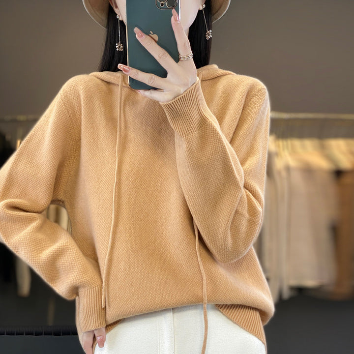 Women soft fine-knit hooded sweater with mottled texture and ribbed cuffs Mune Fashion