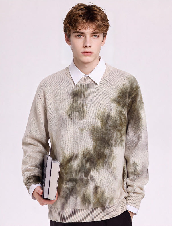 Men's Oversized Knit Sweater with Tie-Dye Look, Round Neck and Ribbed Cuffs Mune Fashion