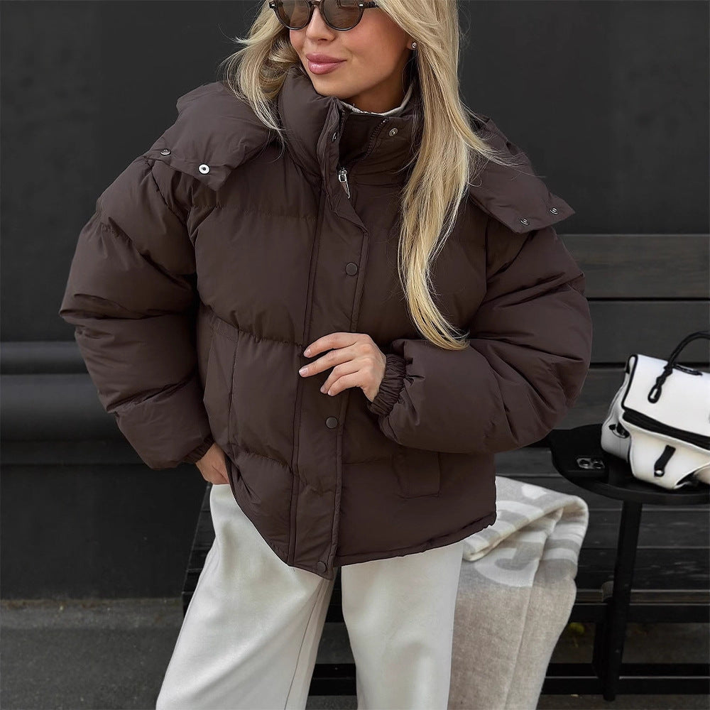 Women's short-cut oversized quilted jacket with high stand-up collar and concealed snap button placket Mune Fashion
