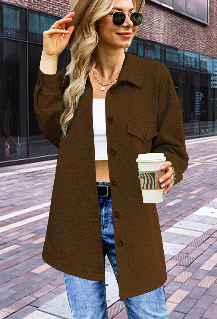 Women's Longline Oversized Shirt Jacket with Flap Pockets and Textured Fabric Mune Fashion