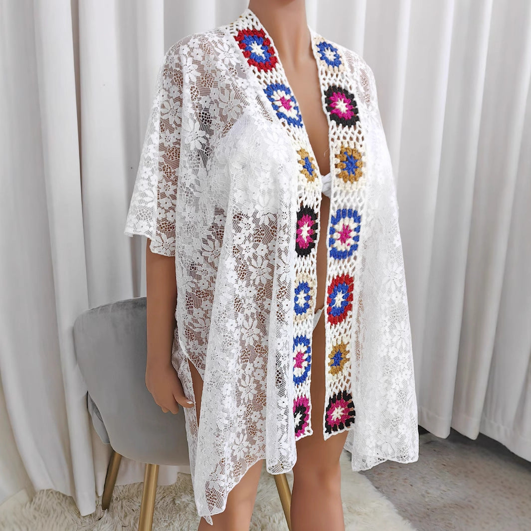 Women crocheted beach cover-up with colorful appliqués Mune Fashion