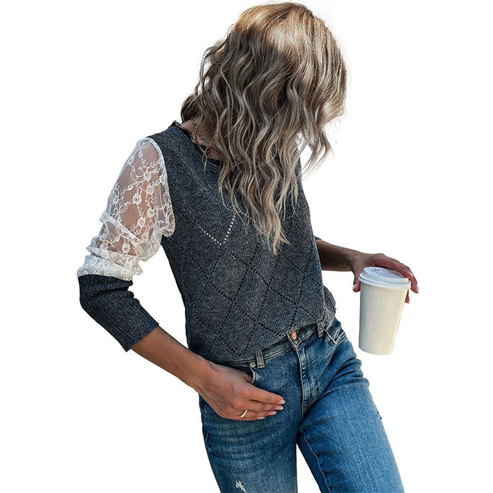 Ladies knitted vest with argyle structure and transparent lace sleeves Mune Fashion