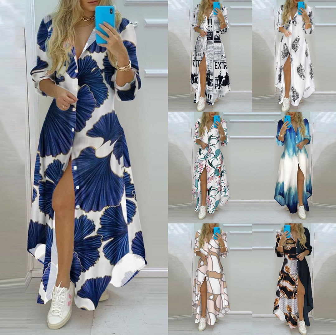 Women's buttoned maxi shirt dress with geometric pattern, V-neck, Kent collar, and high side slit Mune Fashion