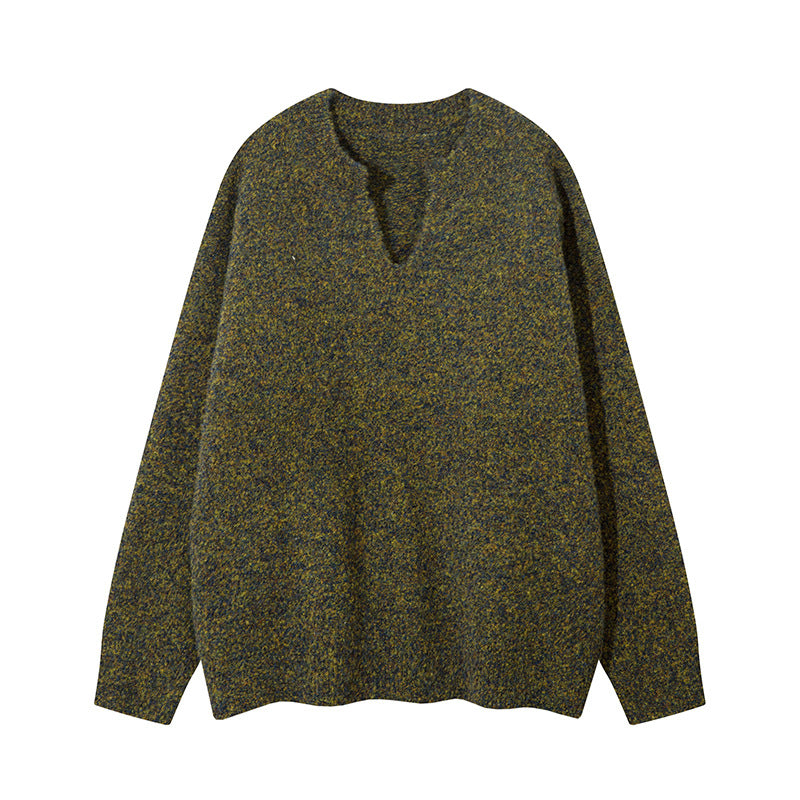 Unisex Oversize Knit Sweater with Short V-Slit Collar Mune Fashion