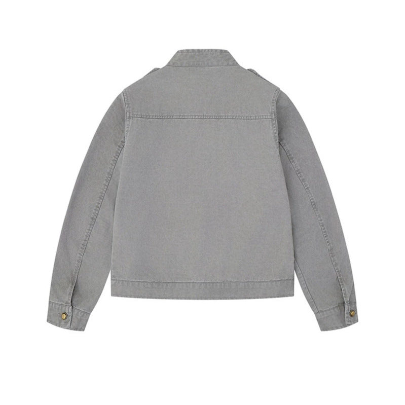 Women's military-inspired cotton canvas jacket with stand-up collar, decorative button plackets, and shoulder epaulets Mune Fashion