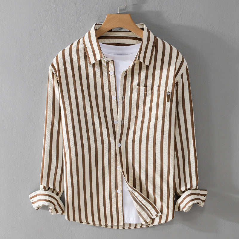 Men's Loose Shirt in Vertical Stripe Pattern made of Lightweight Cotton Blend with Kent Collar and Chest Pocket Mune Fashion