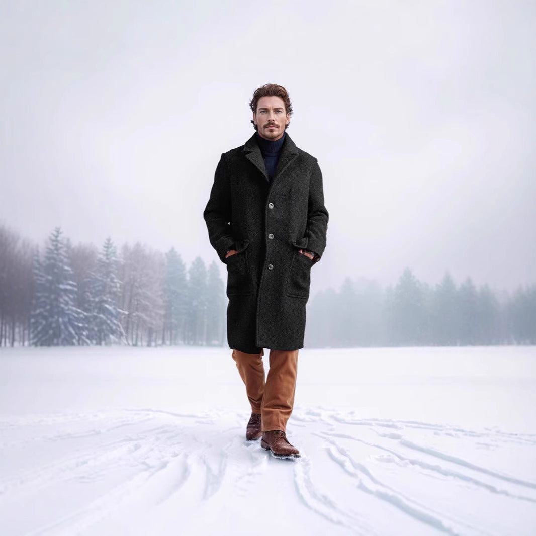 Men's Mid-Length Teddy Wool Coat with Patch Pockets and Stand Collar Mune Fashion