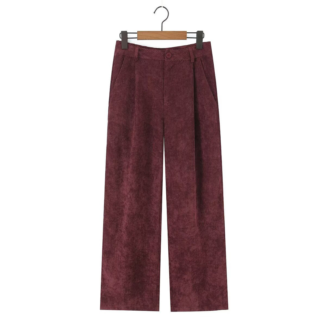Women High-Waisted Cord Pants with Wide Leg and Pleats Mune Fashion