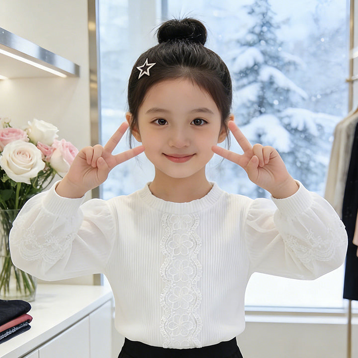 Girls elegant blouse with transparent puff sleeves and delicate floral embroidery Mune Fashion