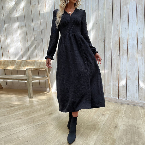 Ladies midi dress with structured dot look, V-neck and tailored empire cut Mune Fashion