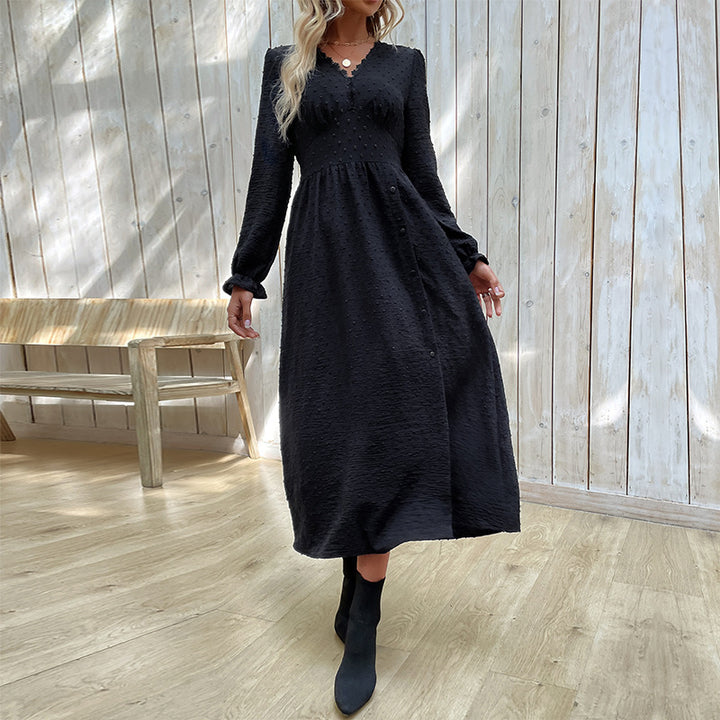 Ladies midi dress with structured dot look, V-neck and tailored empire cut Mune Fashion