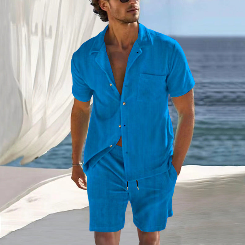 Men's casual linen summer ensemble with open collar shirt and short drawstring pants Mune Fashion