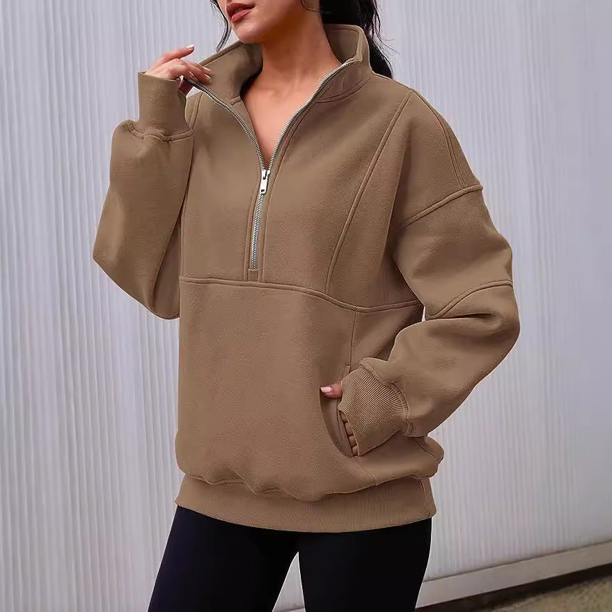 Women's Oversized Sweatshirt with Half Zipper, Kangaroo Pocket and Stand-up Collar Mune Fashion