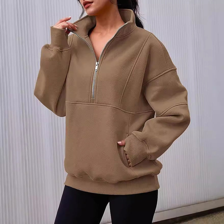 Women's Oversized Sweatshirt with Half Zipper, Kangaroo Pocket and Stand-up Collar Mune Fashion
