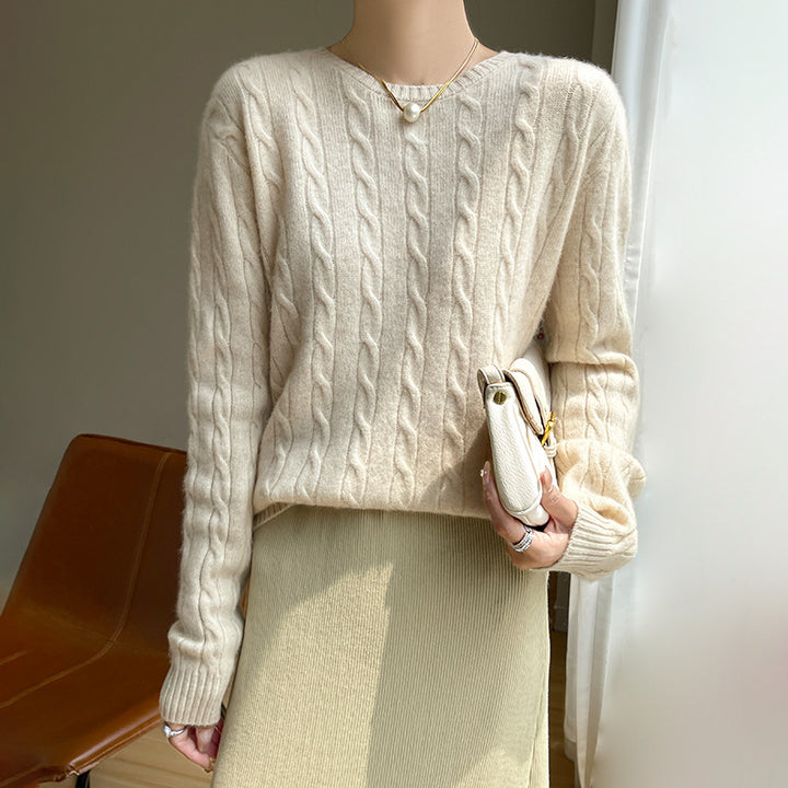 Women's cable knit round neck sweater made of soft wool blend with ribbed cuffs Mune Fashion