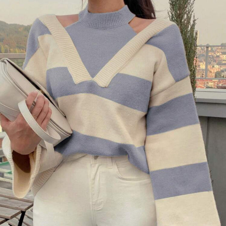Women's Off-Shoulder Striped Knit Sweater with Cut-Out Shoulders and V-Inset Mune Fashion