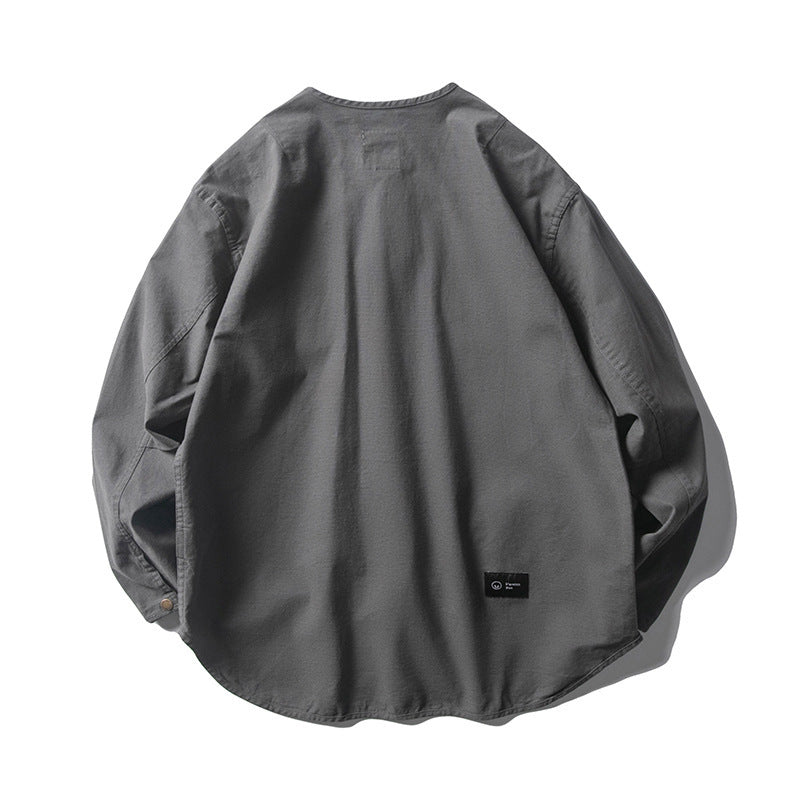 Unisex Collarless Overshirt Jacket with Snap Button Placket and Patch Chest Pockets Mune Fashion