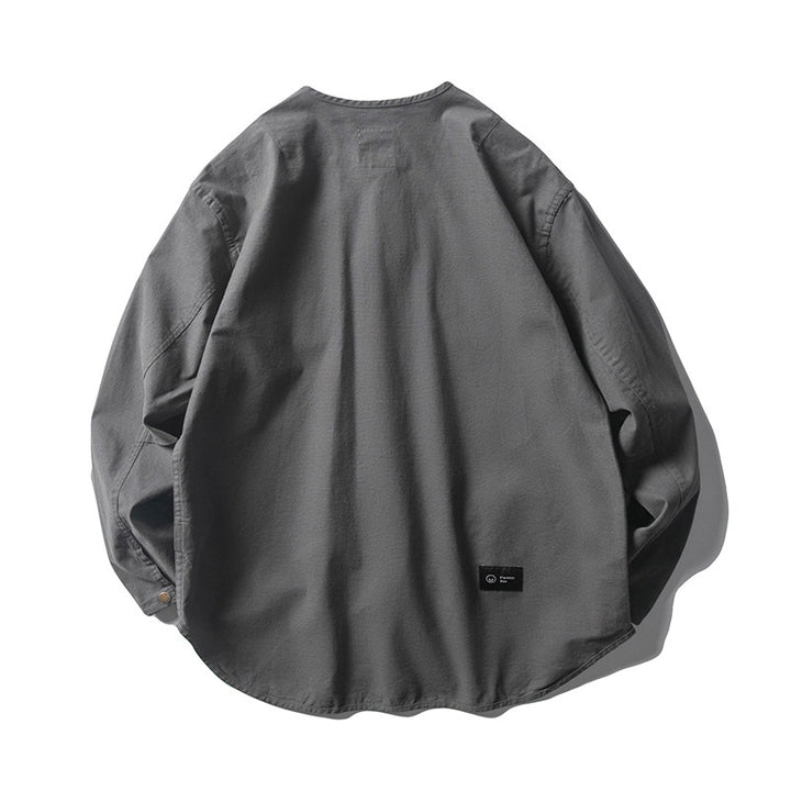 Unisex Collarless Overshirt Jacket with Snap Button Placket and Patch Chest Pockets Mune Fashion