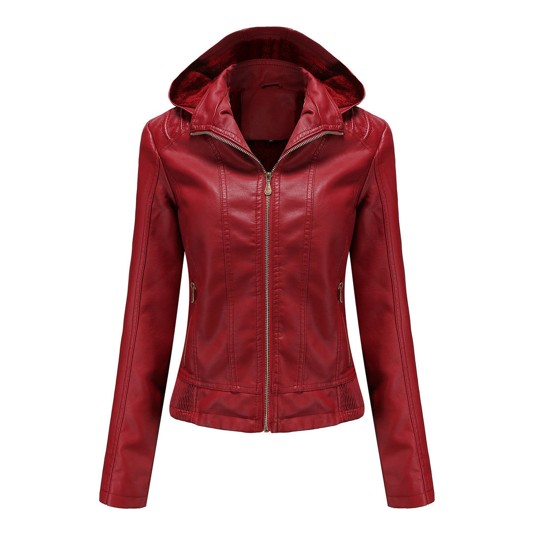 Women's tailored faux leather jacket with hood, padded inner lining and concealed zip pockets Mune Fashion