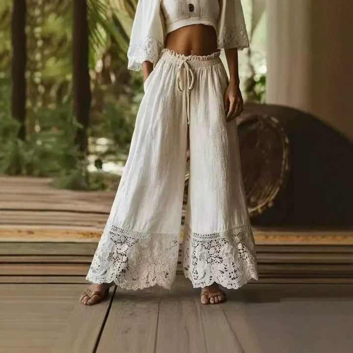 Women's loose linen pants with elastic drawstring waistband and lace trim Mune Fashion