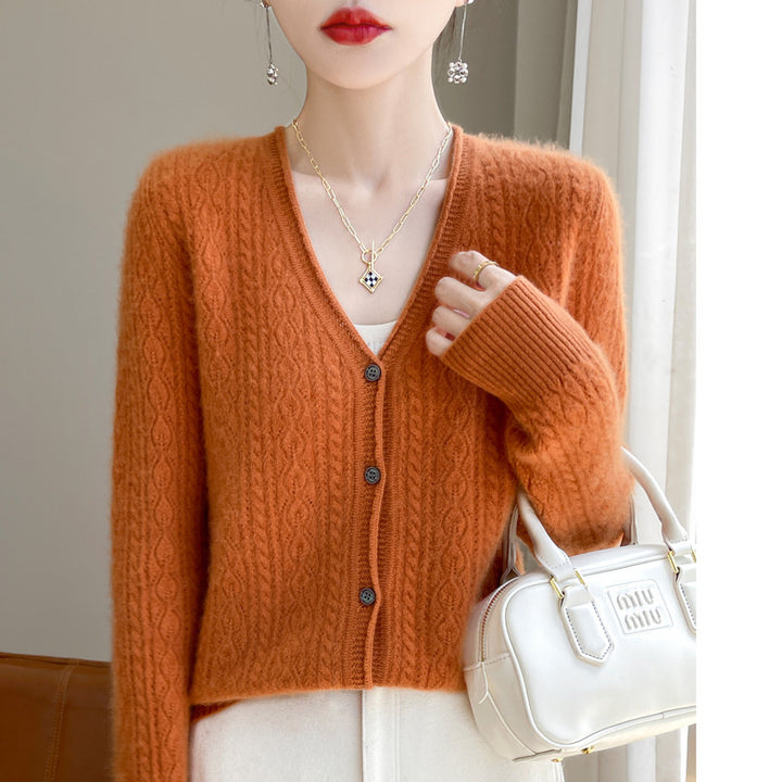 Women's Short Cable Knit Cardigan in Mohair Look with V-Neck and Ribbed Cuffs Mune Fashion