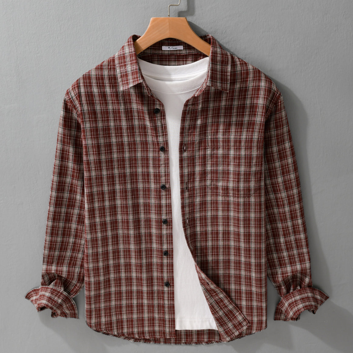 Men Brushed Check Layering Shirt made of Cotton Flannel with Patch Chest Pocket and Rounded Hem Mune Fashion
