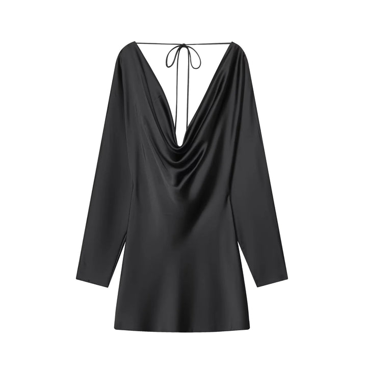 Women’s satin mini dress with deep waterfall back, cord binding and long sleeves Mune Fashion