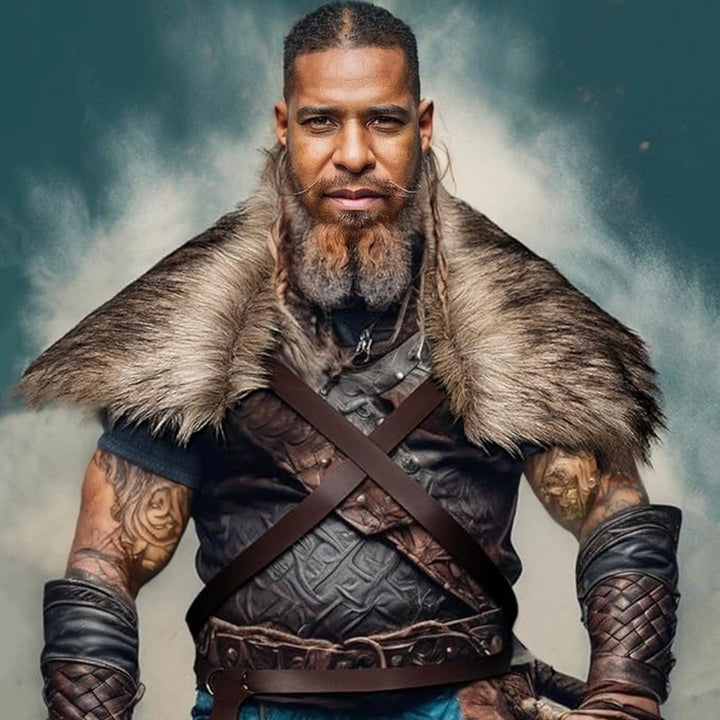 Men's Medieval Leather Jerkin with Faux Fur Shoulder Cape and Braided Arm Guards Mune Fashion