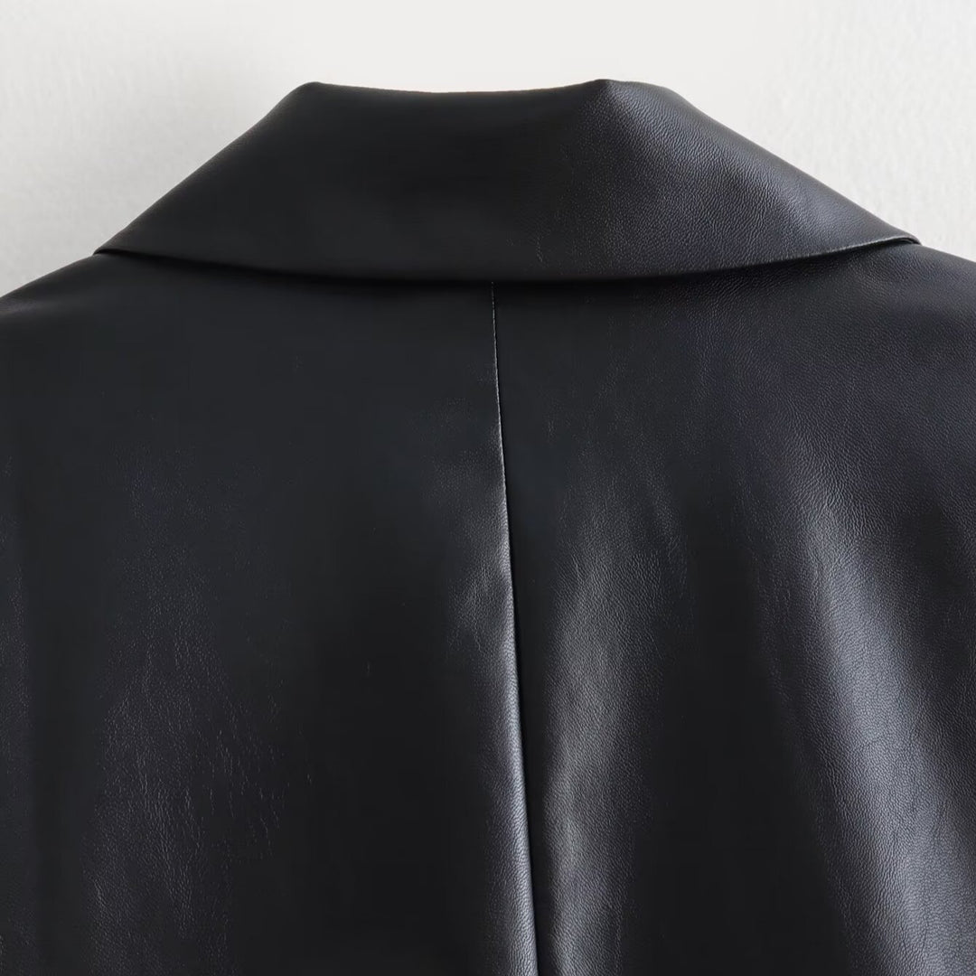 Women's Double-Breasted Faux Leather Blazer with Gold Decorative Buttons and Flap Pockets Mune Fashion