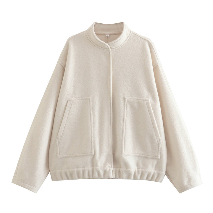 Women's Oversize Fleece Jacket with Stand-Up Collar, Patch Front Pockets, and Elastic Hem Mune Fashion