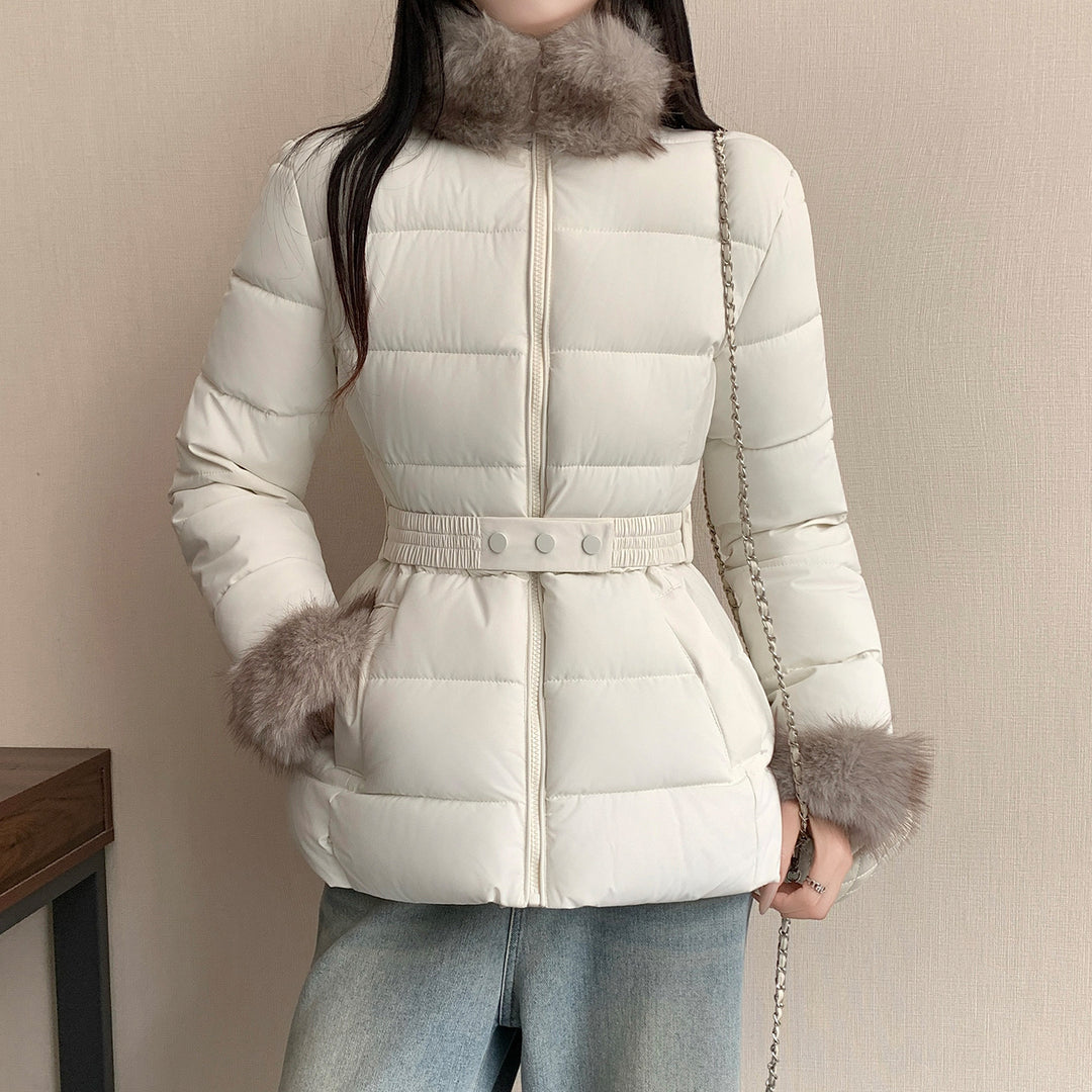 Women nan tailored thermal short jacket with elastic waist belt, faux fur collar and faux fur cuffs Mune Fashion