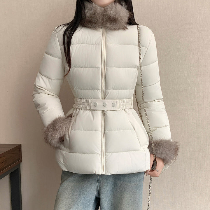 Women nan tailored thermal short jacket with elastic waist belt, faux fur collar and faux fur cuffs Mune Fashion