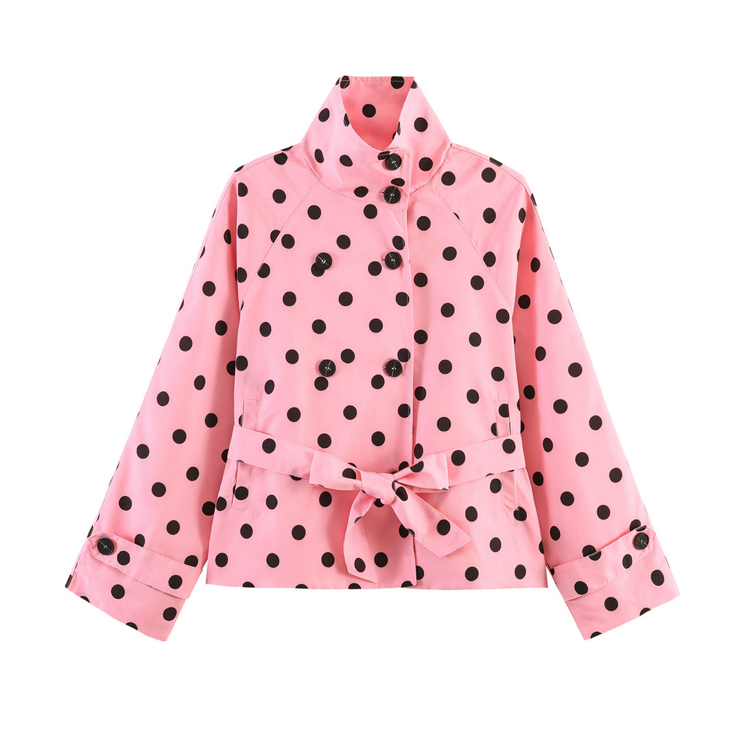 Women tailored short trench coat with stand-up collar, waist belt and double-breasted button placket Mune Fashion