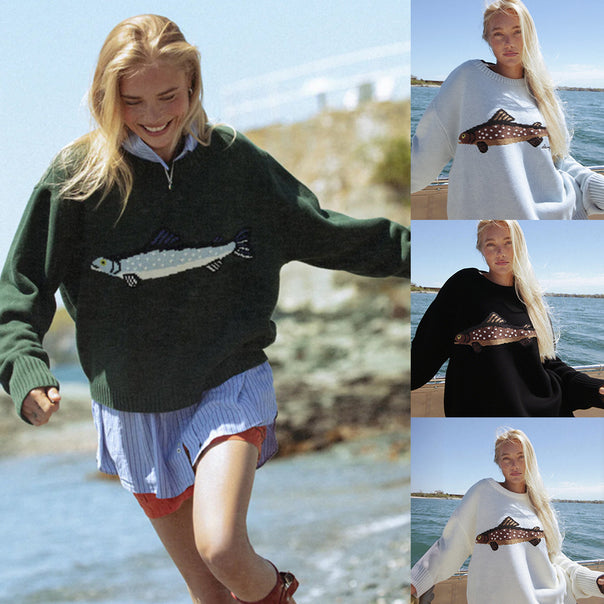 Women Oversize Knit Sweater with Fish Jacquard, Half Collar and Ribbed Cuffs Mune Fashion