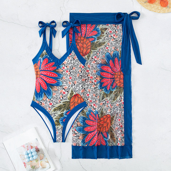 Women’s Floral Patterned One-Piece Swimsuit with Wrap Skirt Mune Fashion