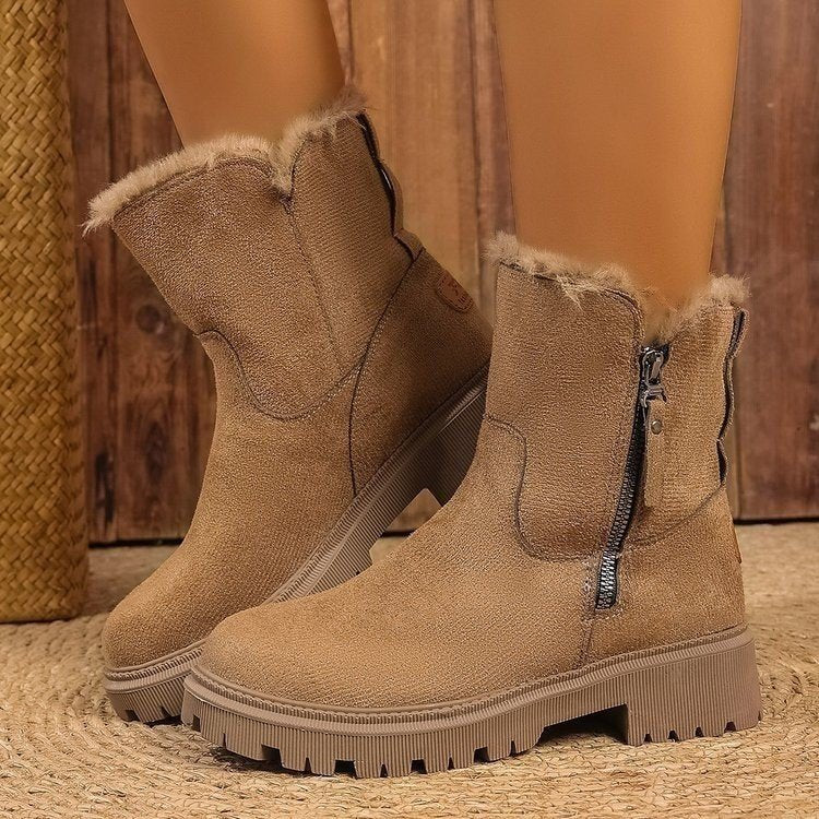 Women Fleece Lined Suede Look Ankle Boots with Teddy Lining, Side Zipper and Profiled Rubber Sole Mune Fashion