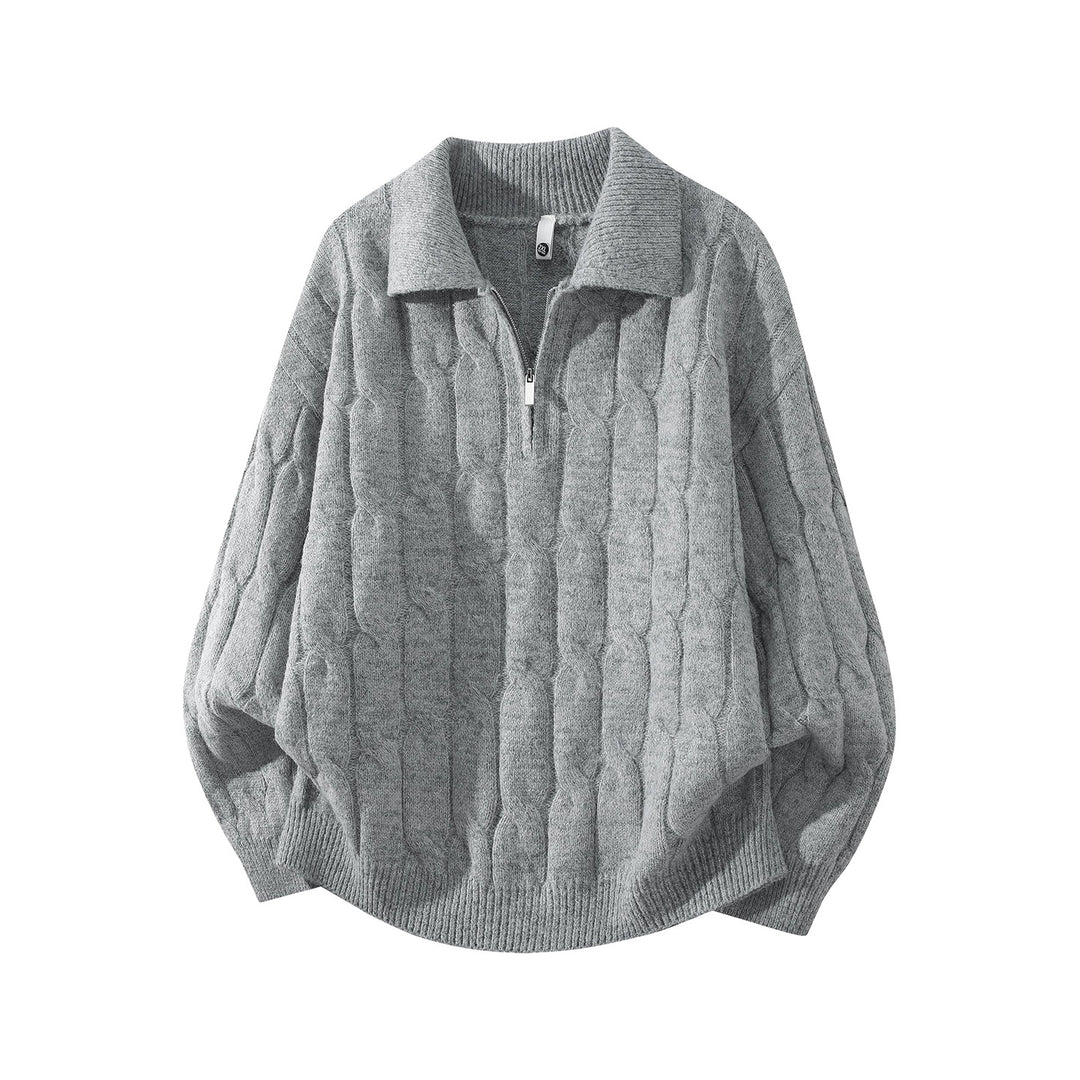 Unisex Oversize Braid Knit Sweater with Half Zip and Shirt Collar Mune Fashion
